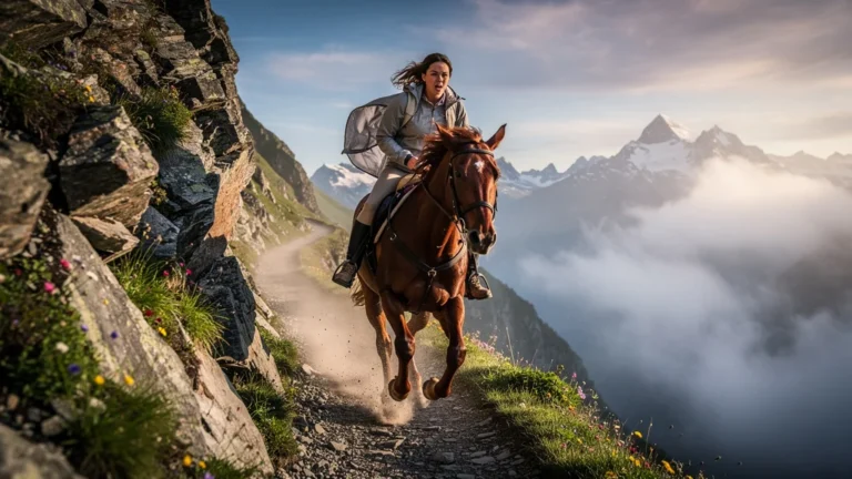 Jeune femme effrayée ayant voulu galoper trop tôt sur un sentier d’altitude montagneux
