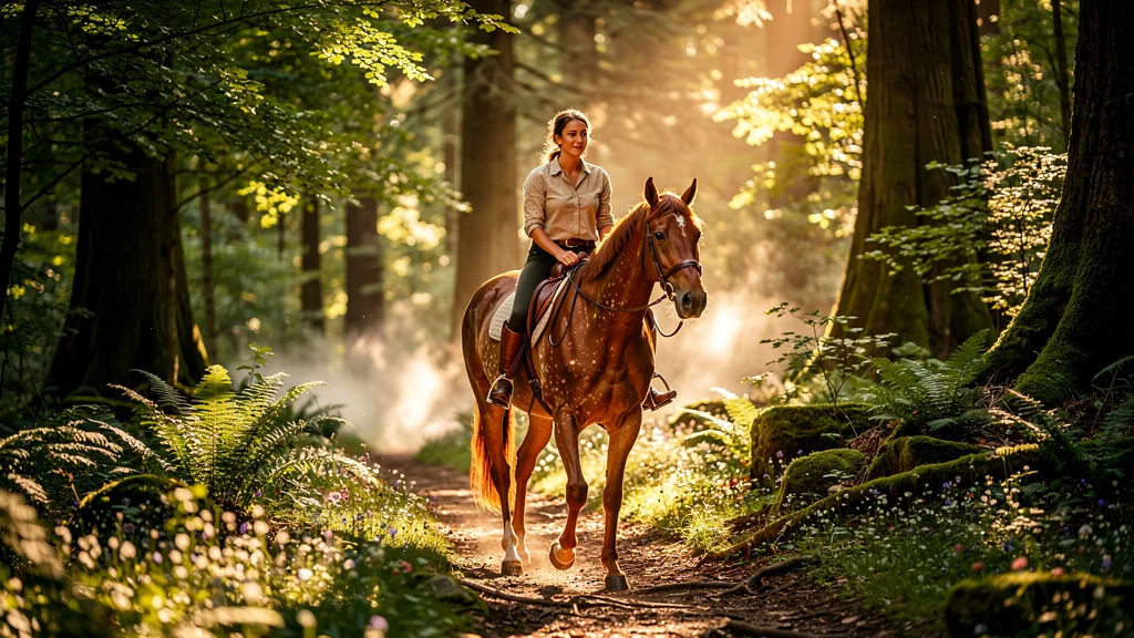 Cheval et cavalière en forêt, progression entre balade nature et travail en carrière équestre