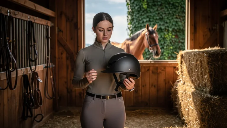 Jeune cavalière choisissant entre casque jockey et bombe classique en écurie, réflexion sur sécurité et apparence