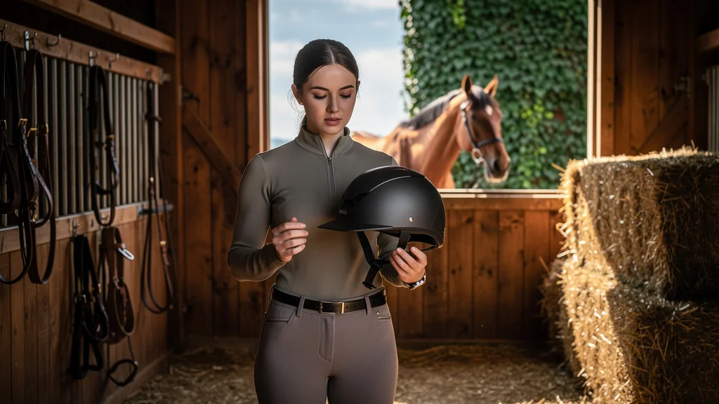 Jeune cavalière choisissant entre casque jockey et bombe classique en écurie, réflexion sur sécurité et apparence