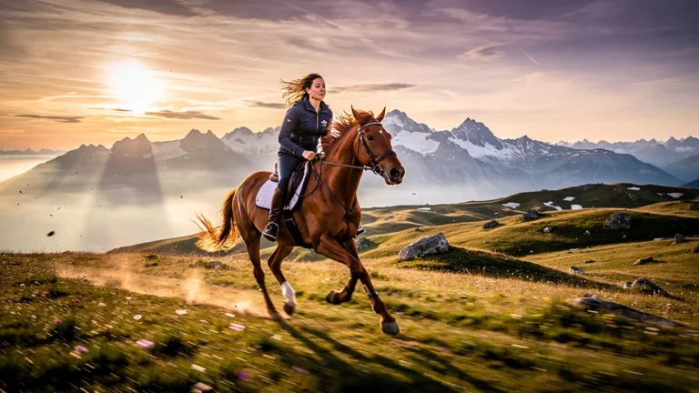 Cavalière galopant sur le plateau du Semnoz au coucher de soleil, renouant avec la vitesse et la liberté
