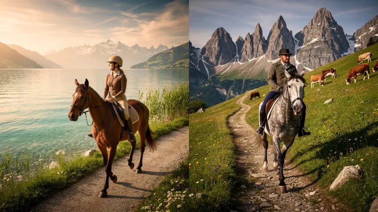 Comparaison photo ultra-réaliste sentier de bord de lac et alpage à cheval près d’Annecy