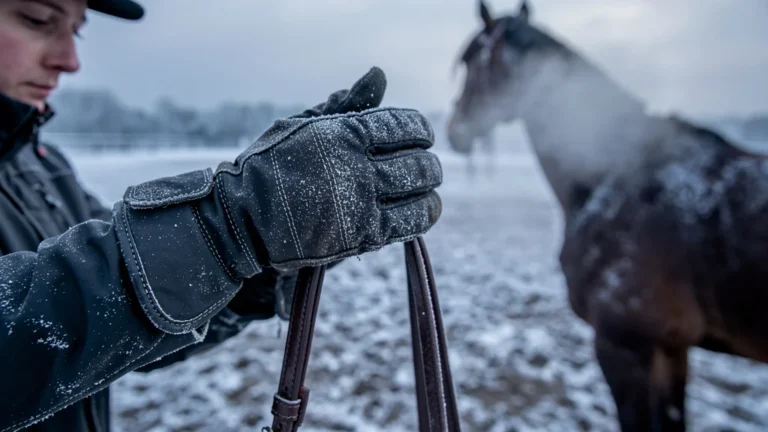 Gants d'équitation d'hiver épais avec givre en gros plan dans un manège froid et enneigé