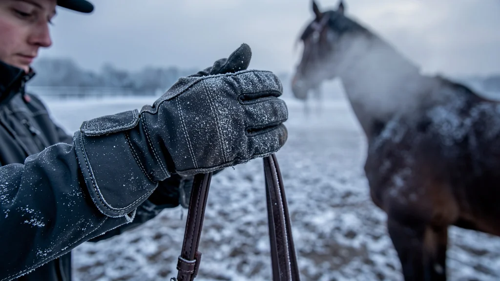 Gants d'équitation d'hiver épais avec givre en gros plan dans un manège froid et enneigé