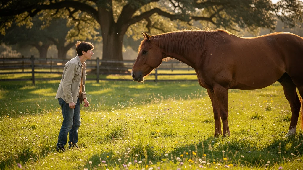 Jeune adulte abordant nerveusement un cheval calme au pré sous un soleil doré et une lumière douce