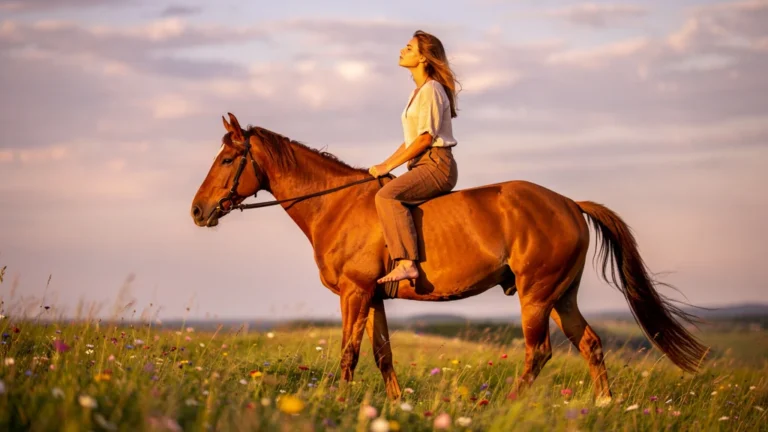 Jeune femme montant à cru un cheval au coucher du soleil, moment de réflexion profonde en pleine nature