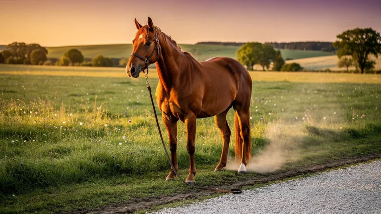 Cheval détendu après dix minutes de longe au pré sur trois terrains différents en pleine nature