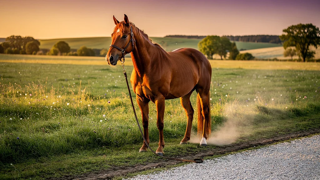Cheval détendu après dix minutes de longe au pré sur trois terrains différents en pleine nature