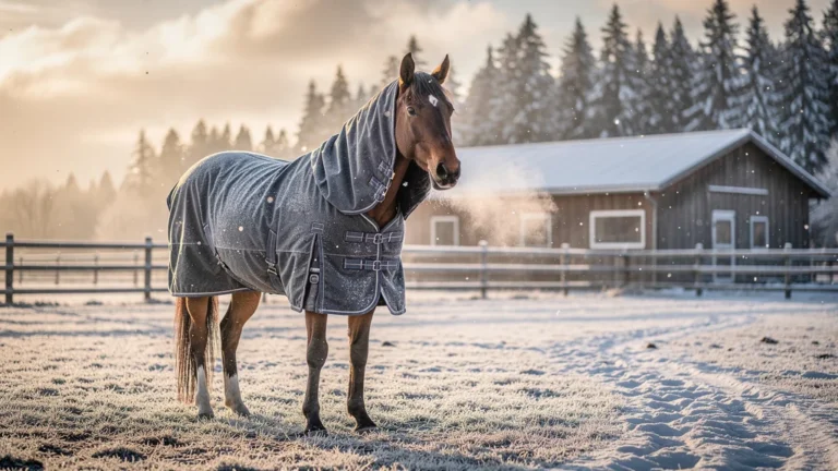 Photo réaliste d’un cheval en couverture d’hiver au pré sous un matin hivernal paisible