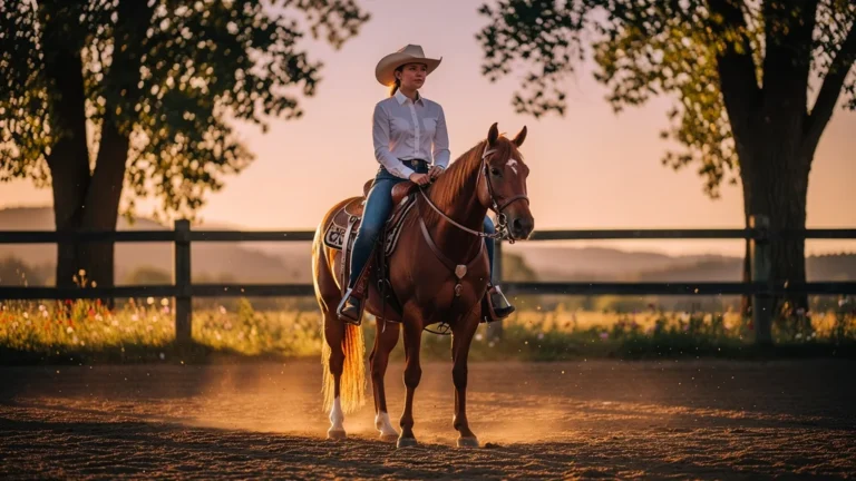 Jeune cavalière classique curieuse découvre l'équitation western à cheval au milieu d'un paysage naturel au coucher du soleil