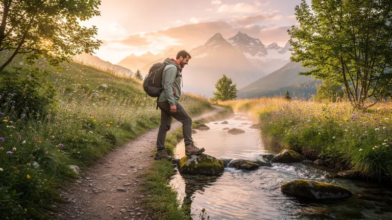 Passage de gué au-dessus d’Annecy sur un chemin de montagne, premier pas entre hésitation et confiance