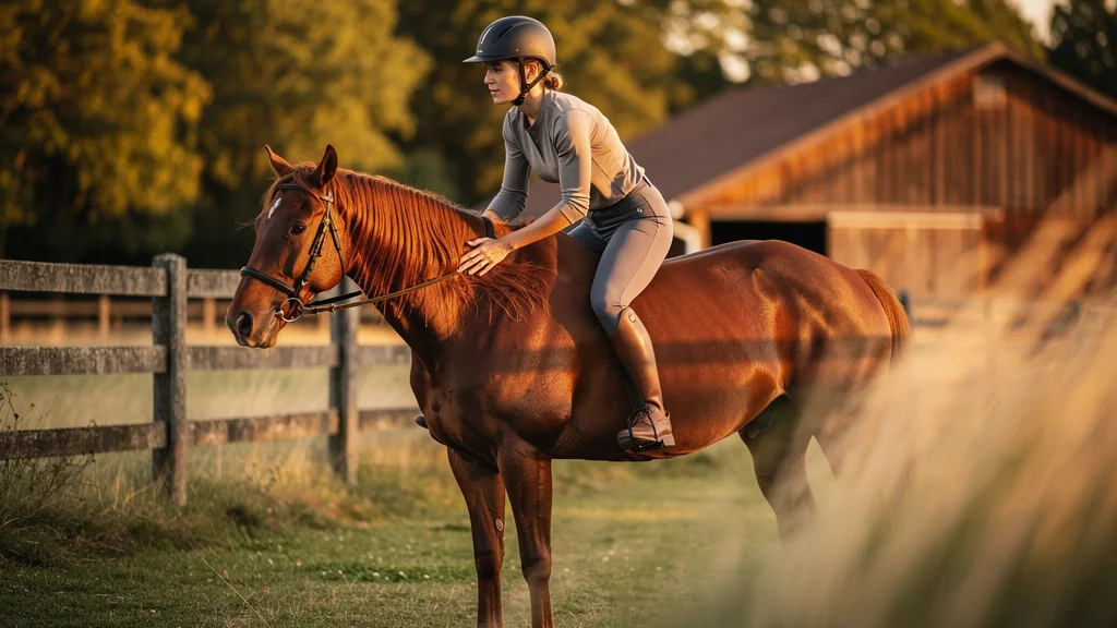 Femme montant à cru un cheval sensible au dos raidi, soulignant l'importance de sentir son cheval en selle