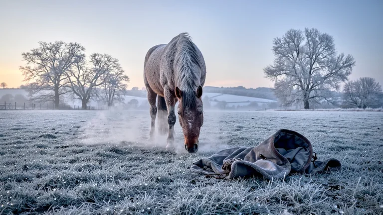 Matin gelé avec une jument non couverte, illustrant l’importance de bien protéger son cheval