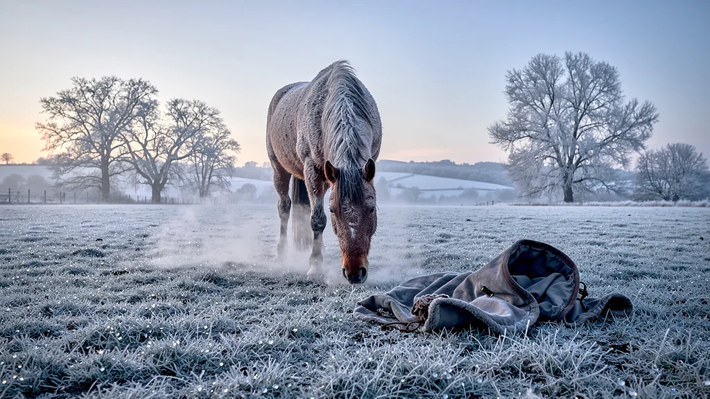 Matin gelé avec une jument non couverte, illustrant l’importance de bien protéger son cheval