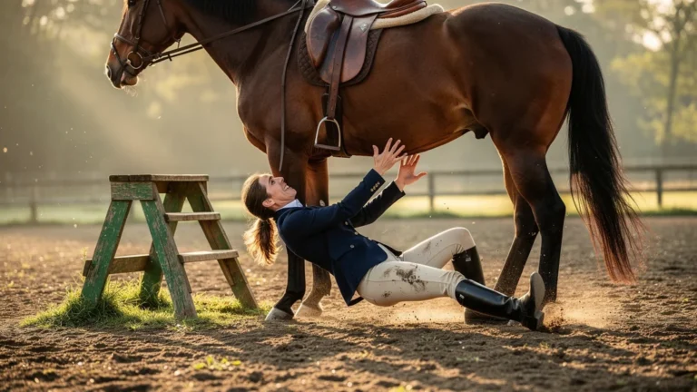 Chute sous le ventre du cheval par sangle non vérifiée au montoir, accident équestre réaliste