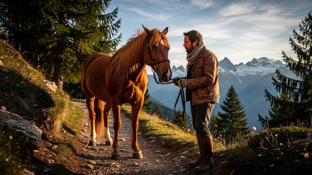 Cheval refusant d’avancer sur un sentier des Aravis avec un cavalier tentant de le calmer