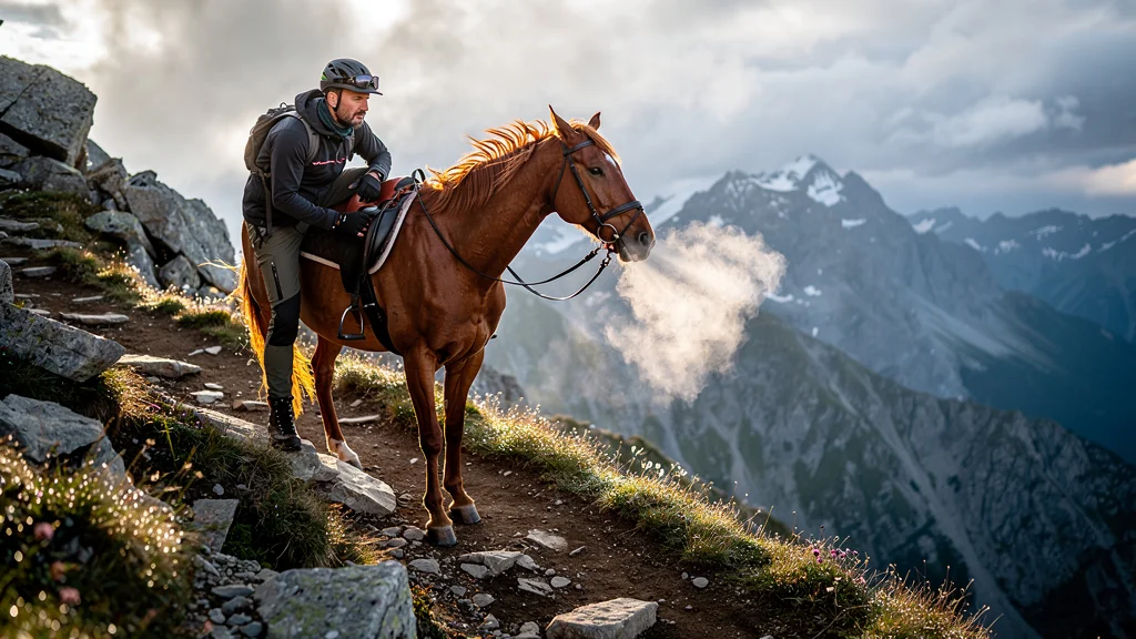 Cheval en montée testant l'effet de l'altitude sur son souffle dans un paysage montagneux réaliste
