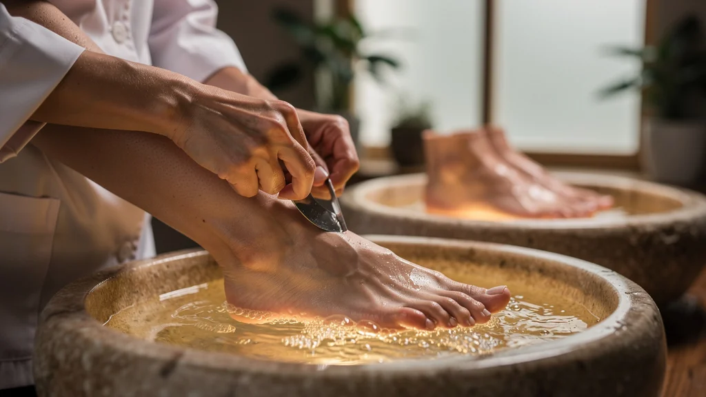 Photo hyper-réaliste du curage systématique des pieds avant et après chaque séance de soin