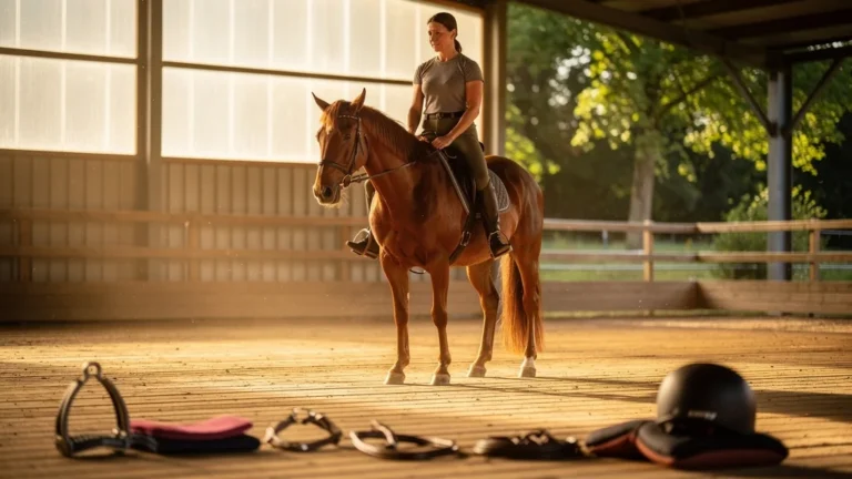 Femme testant six séances d’assiette sans étriers, posture et connexion avec son cheval en détail