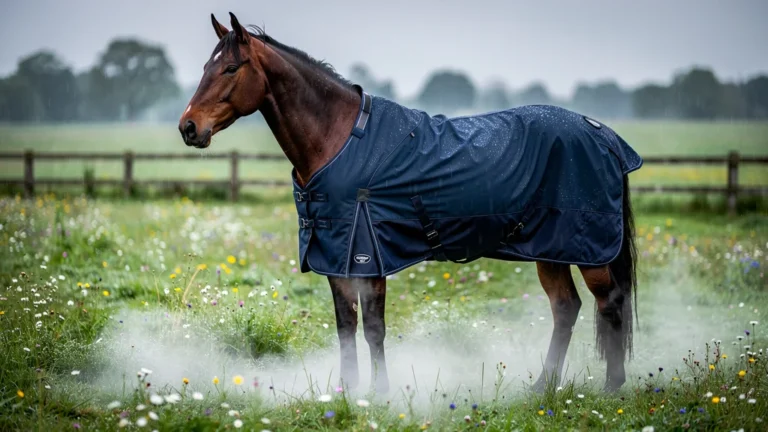 Cheval au pré portant une couverture imperméable testée trois semaines, coupe parfaite et protection optimale