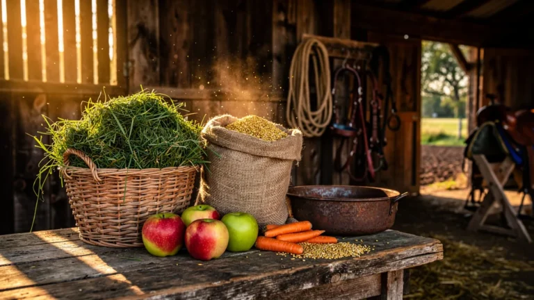 Scène réaliste d'aliments pour cheval dans une écurie au coucher de soleil, préparatifs avant le choix d'alimentation