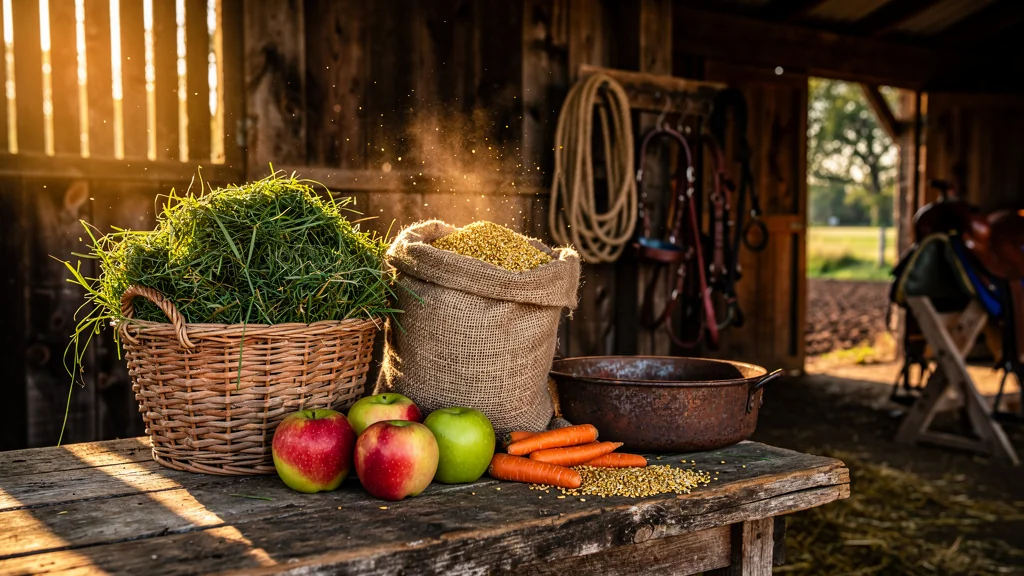 Scène réaliste d'aliments pour cheval dans une écurie au coucher de soleil, préparatifs avant le choix d'alimentation