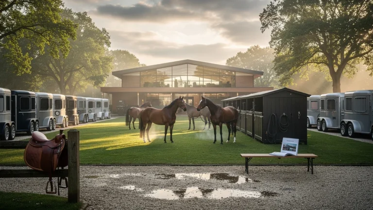 Paysage hyper-réaliste du marché Arqana, lieu d’enchères hippiques prestigieux au lever du jour