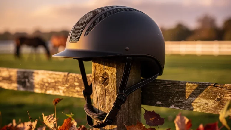Bombe équitation posée sur une clôture en bois dans un manège au coucher du soleil, hyper-réaliste