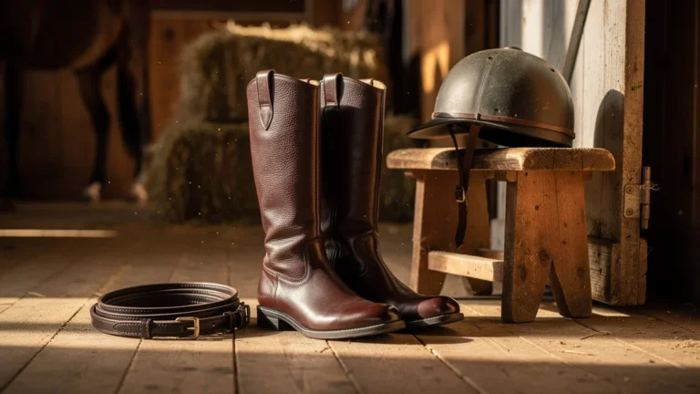 Bottes pour équitation en cuir de haute qualité dans une sellerie lumineuse et authentique