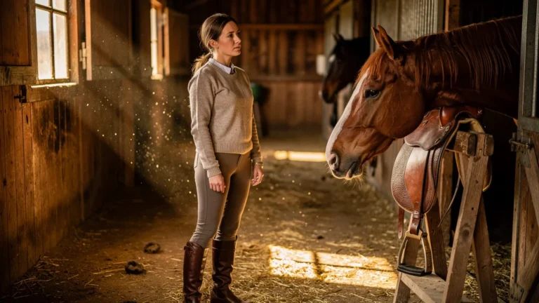 Femme rédactrice équitation réfléchissant dans une écurie lumineuse avant de choisir son premier cheval