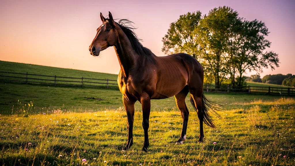 Cheval à vendre dans un paddock ensoleillé, résultat visible après 3 mois de suivi et soins