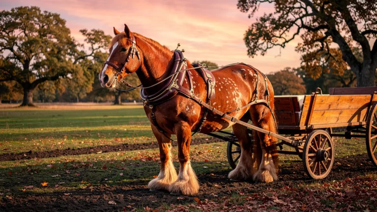 Cheval de trait puissant dans un paysage rural lumineux, démontrant force et autonomie en conditions réelles