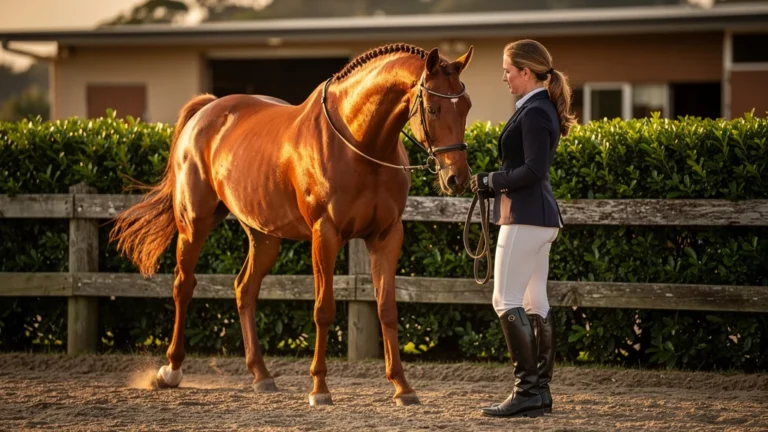 Cheval pro au galop dans une carrière avec cavalière experte en équitation, ambiance professionnelle et lumineuse