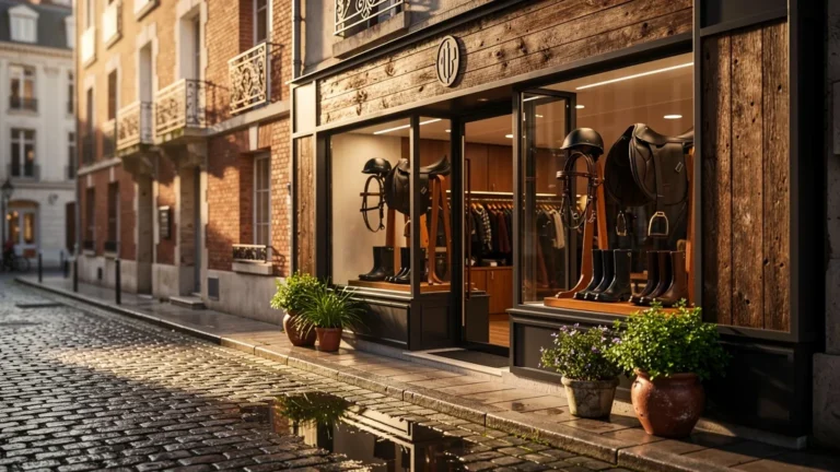 Façade photoréaliste du cheval shop à Nantes avec équipement d'équitation exposé sous une lumière matinale dorée