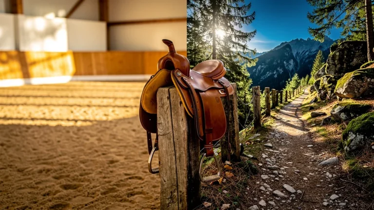 Transition manège vers chemin montagne avec selle d'équitation adaptée en gros plan réaliste