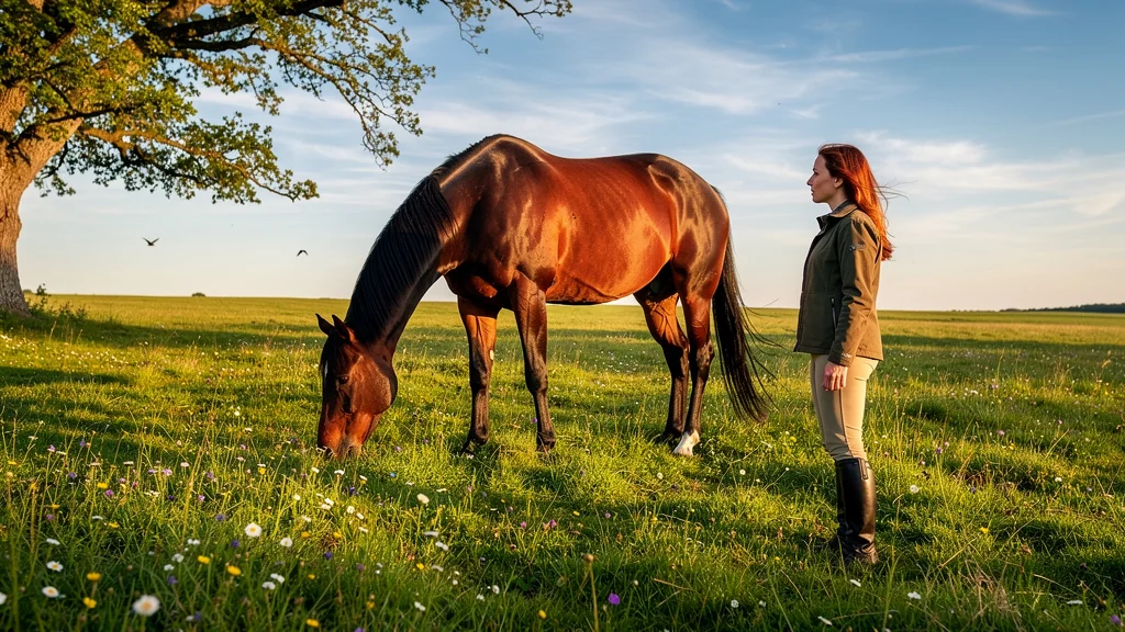 Femme observant un cheval au pré, comprendre l'animal avant de monter pour une équitation respectueuse