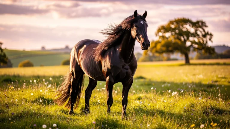 Frison cheval noir majestueux dans un pré verdoyant au coucher du soleil hyper-réaliste