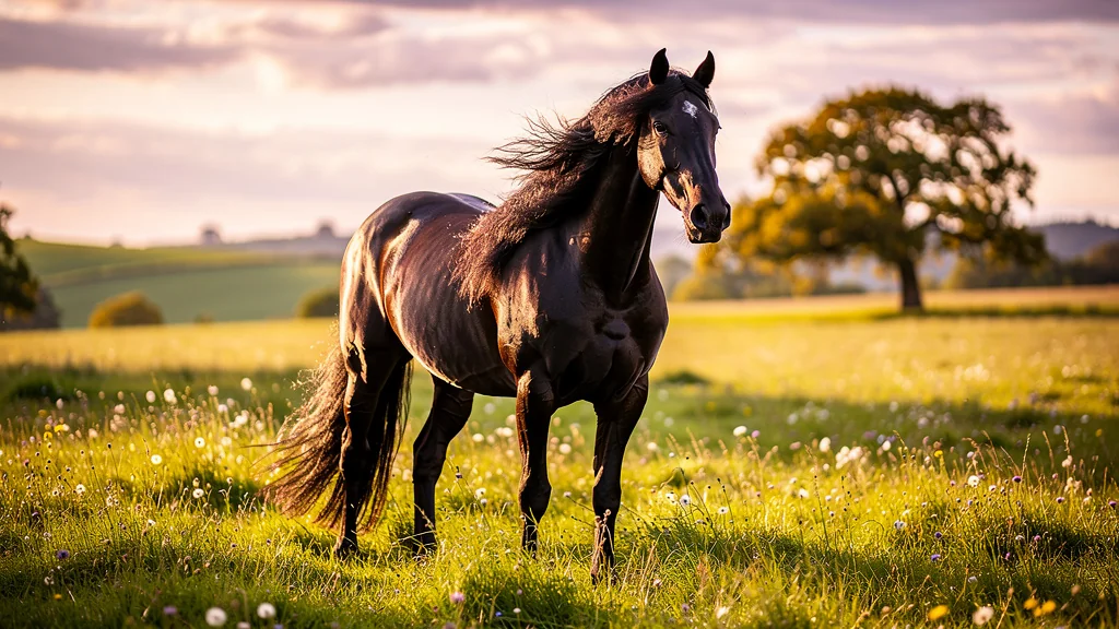 Frison cheval noir majestueux dans un pré verdoyant au coucher du soleil hyper-réaliste
