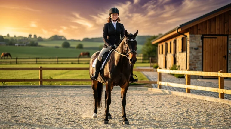 Centre équestre Ifce en fin d’après-midi avec cavalière et cheval au dressage en lumière dorée