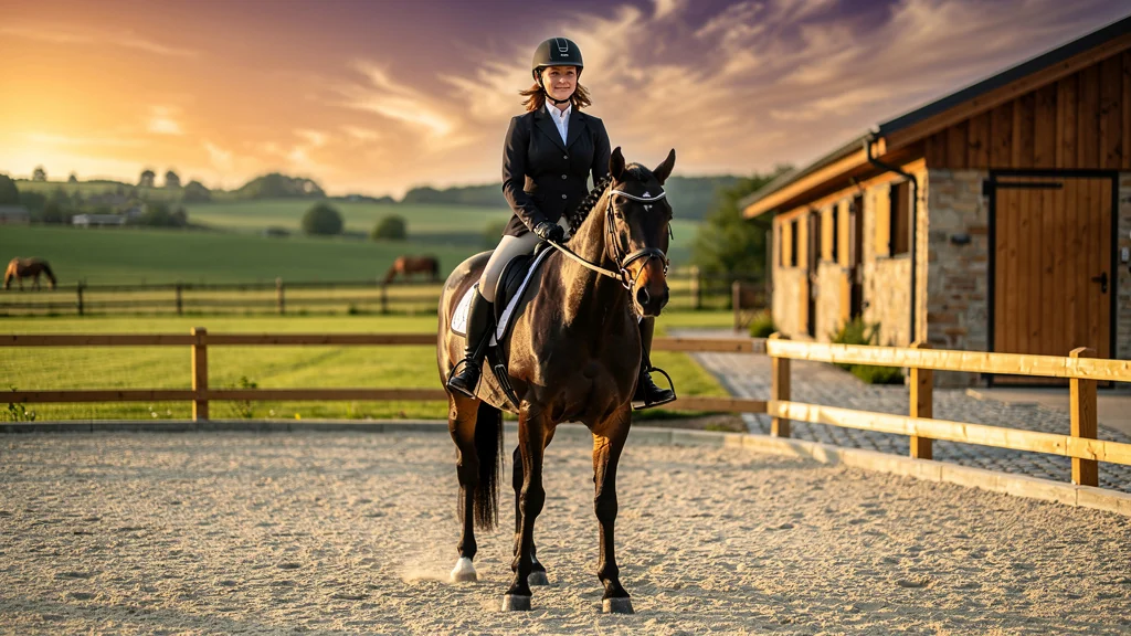 Centre équestre Ifce en fin d’après-midi avec cavalière et cheval au dressage en lumière dorée