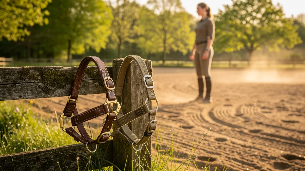 Comparaison réaliste de deux licols en cuir et nylon après un mois de travail à pied en équitation