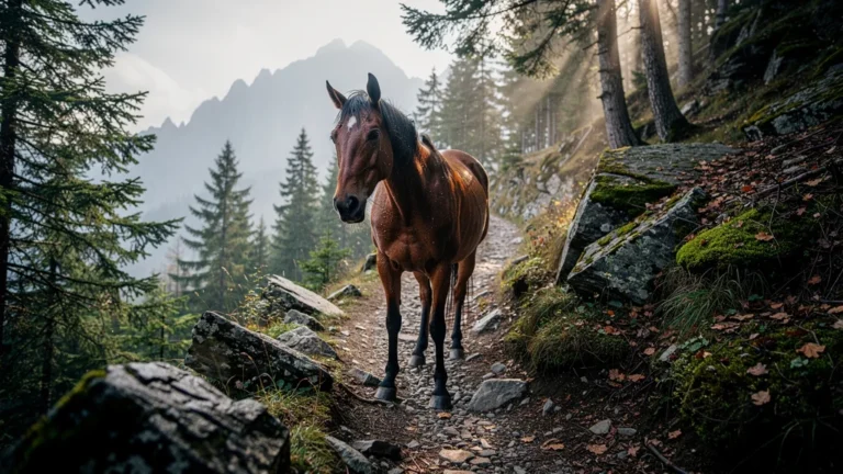 Cheval fatigué en pleine montée à cause d’une erreur d’allure sur un sentier escarpé en forêt