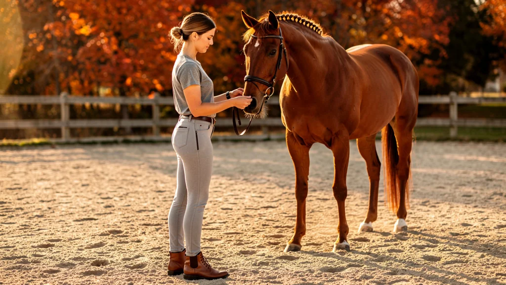 Jeune femme débutante en équitation portant un pantalon d'entrée de gamme dans une carrière extérieure en automne