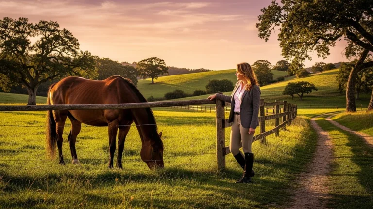 Paysage équestre lumineux au coucher de soleil avec une cavalière réfléchie, représentant l'avis LFNA