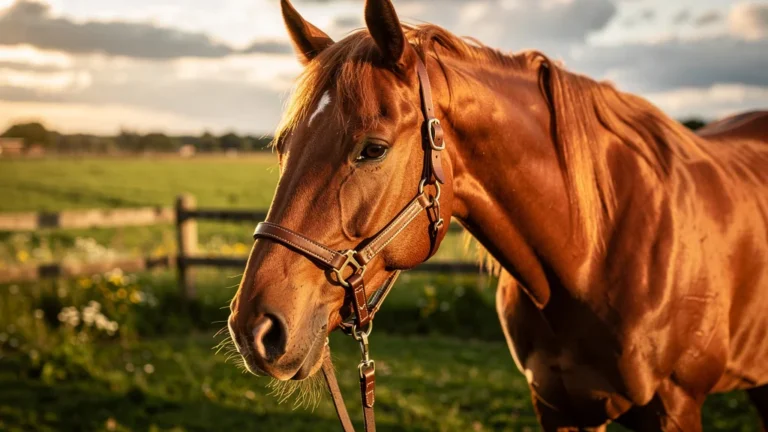 Photo ultra-réaliste d’un licol cheval en cuir sur un cheval au paddock après 30 jours d’utilisation