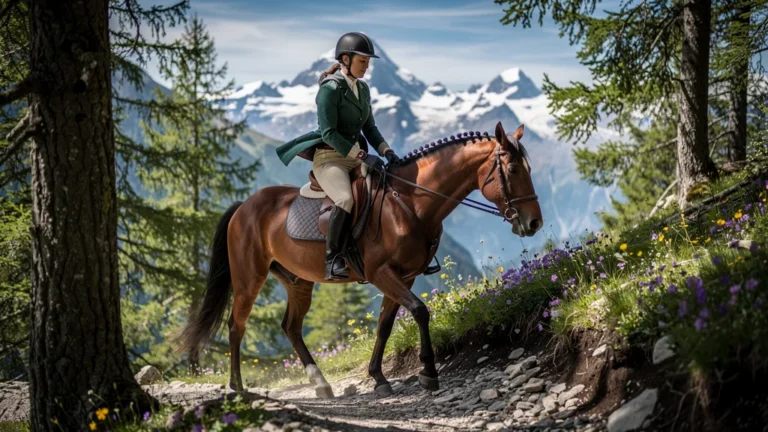 Jeune femme en randonnée équestre en Haute-Savoie descendant un sentier montagneux escarpé