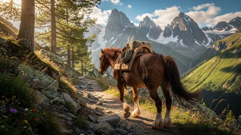 Cheval de trait robuste montant un sentier de montagne en été, démontrant force et endurance