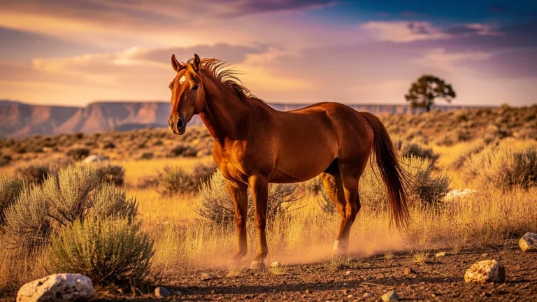 Cheval mustang sauvage en pleine nature lors d’un coucher de soleil doré, symbole d’autonomie et liberté