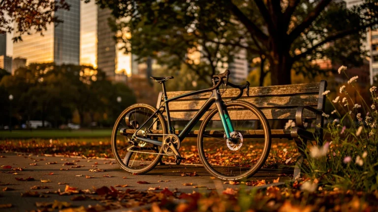 Photo hyper-réaliste d’un vélo moderne dans un parc urbain au coucher de soleil pour my velo