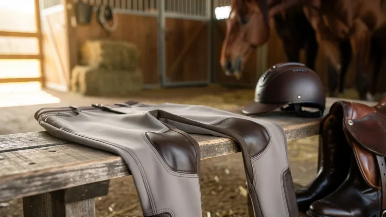 Pantalon pour équitation posé dans une écurie lumineuse, détails couture et cuir visibles